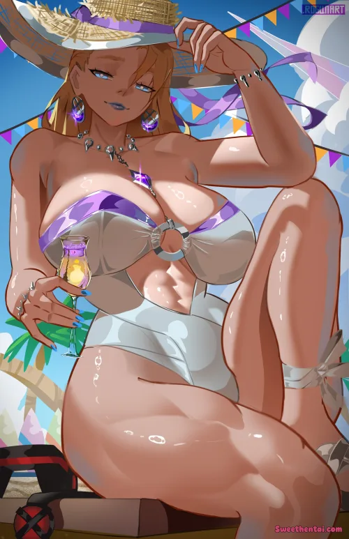 Emma Frost enjoying a drink at the beach