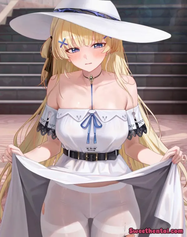 Phoebe lifting her dress
